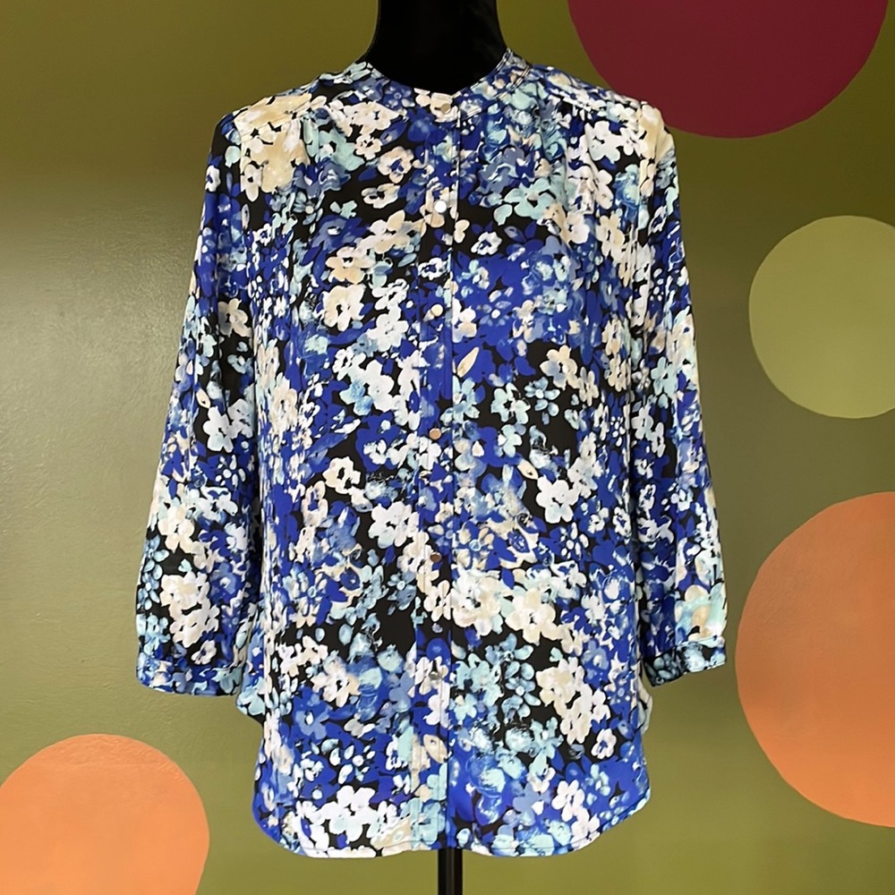 EUC Liz Claiborne Floral Blouse, Button Front, 3/4 Sleeve, Size Small